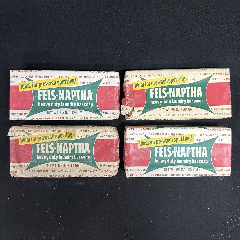 Fels Naptha Soap, Four Sealed 6.5 oz Bars, Heavy Duty Cleaning, Purex, Vintage